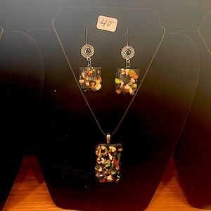 Custom design kiln glass necklace& matching earrings. Lasting Impressions Design
